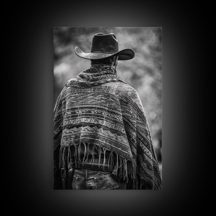 Cowboy in poncho and hat, black and white Western decor, Framed Canvas Print, rustic home art, vintage wall art for living room or bedroom