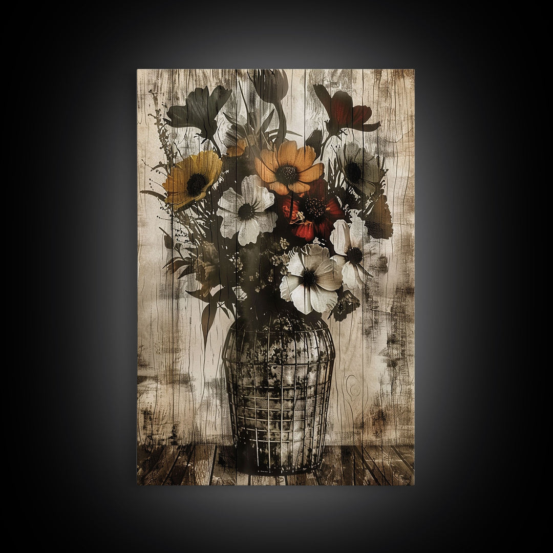 Rustic vase with colorful flowers against a distressed wooden background Framed Canvas Print - floral art, farmhouse decor, rustic wall art