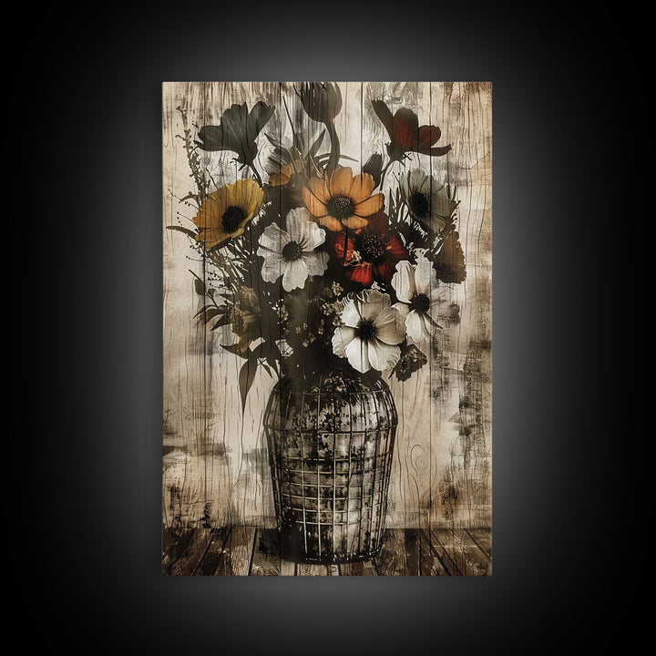 Rustic vase with colorful flowers against a distressed wooden background Framed Canvas Print - floral art, farmhouse decor, rustic wall art
