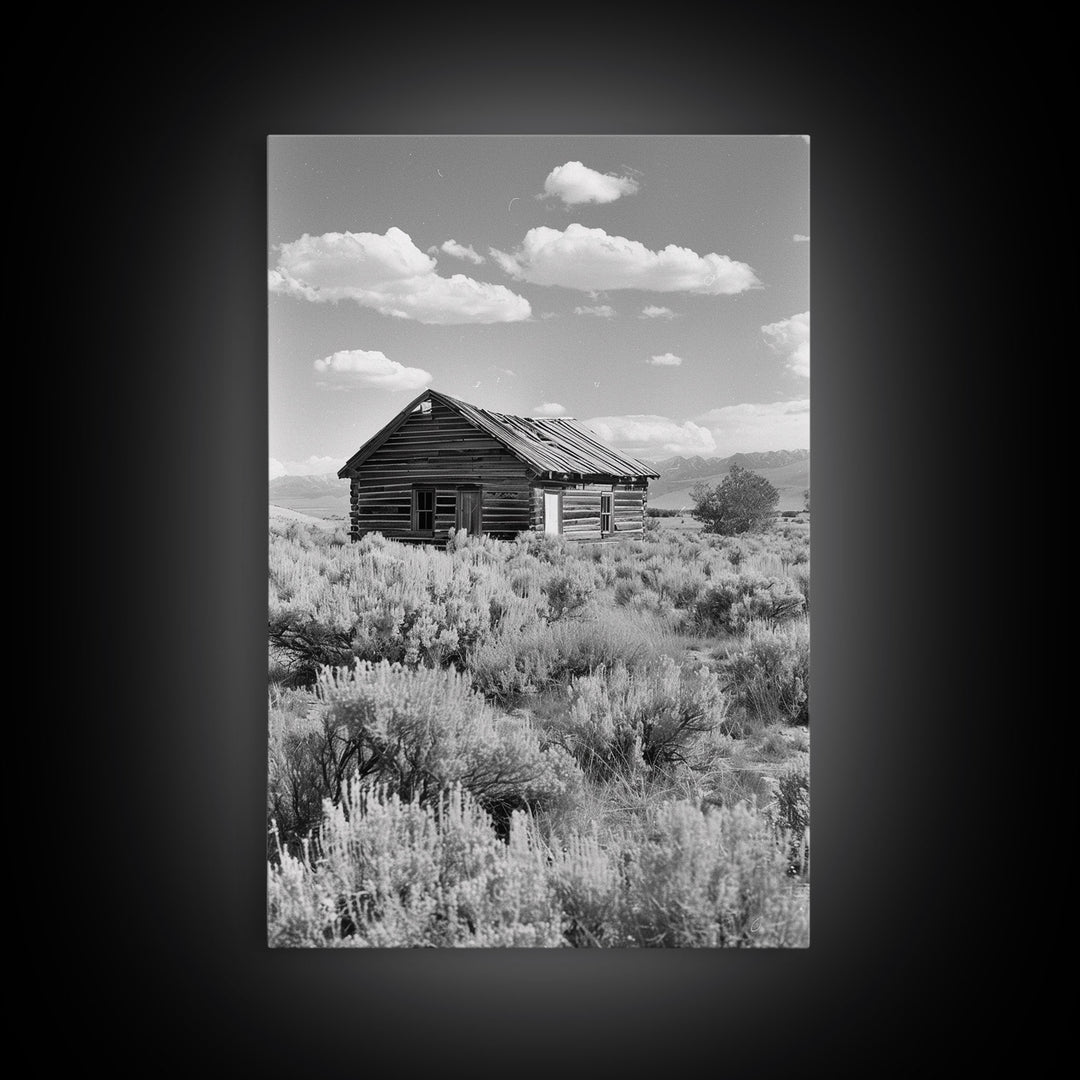 Abandoned Cabin in the Wild Black and White Photography - Framed Canvas Print, Rustic Home Decor, Vintage Landscape Wall Art
