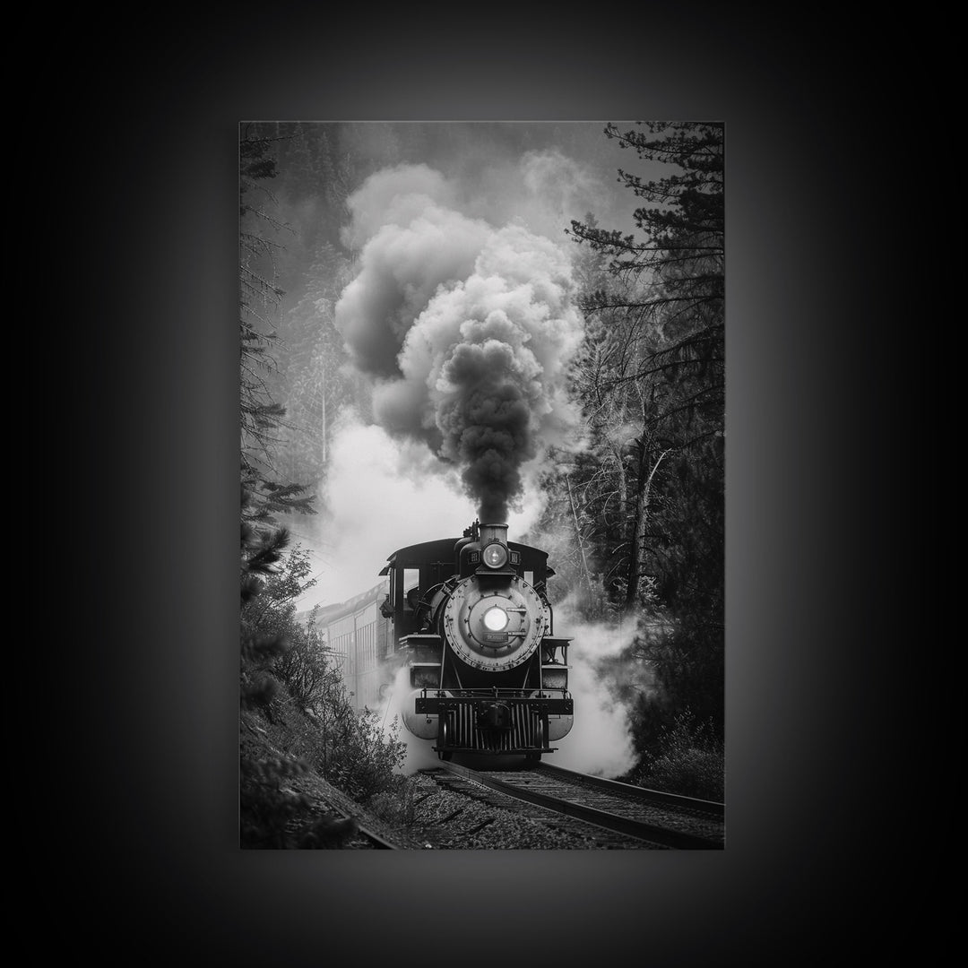 Steam Locomotive in the Forest Black and White Photography - Framed Canvas Print, Railroad Art, Vintage Train Wall Art for Home