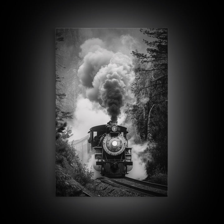 Steam Locomotive in the Forest Black and White Photography - Framed Canvas Print, Railroad Art, Vintage Train Wall Art for Home