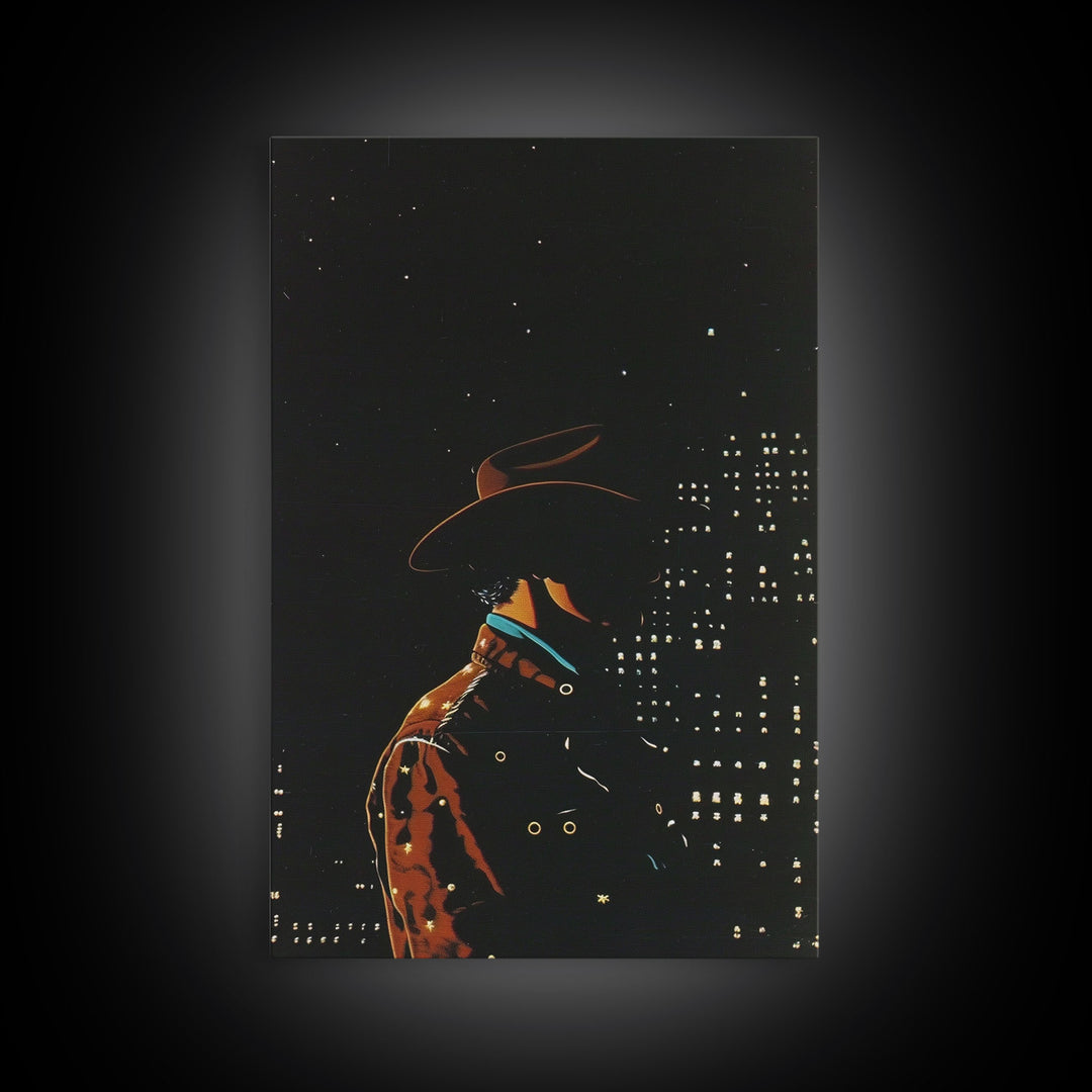 Cowboy in the City Night Print - Framed Canvas Wall Art, Urban Western Decor, City Cowboy Artwork for Living Room, Modern Western Art