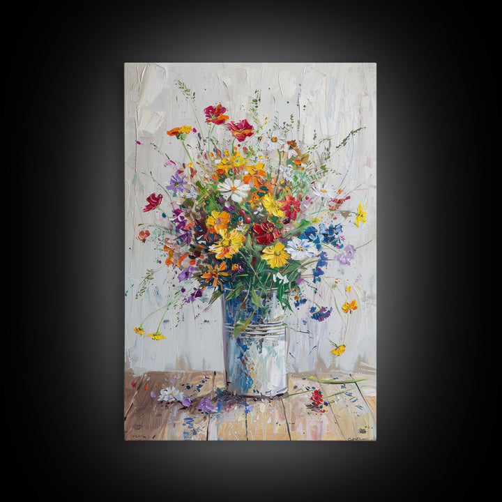 Delicate Flower Vase Art with Light Colors - Framed Canvas Print, Soft Floral Decor for Living Room, Gentle Botanical Artwork, Pastel Wall A