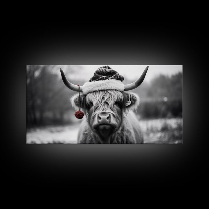 Highland Cow Wearing Santa Hat, Festive and Fun Framed Canvas Print for Holiday Wall Art, Living Room or Bedroom Decor