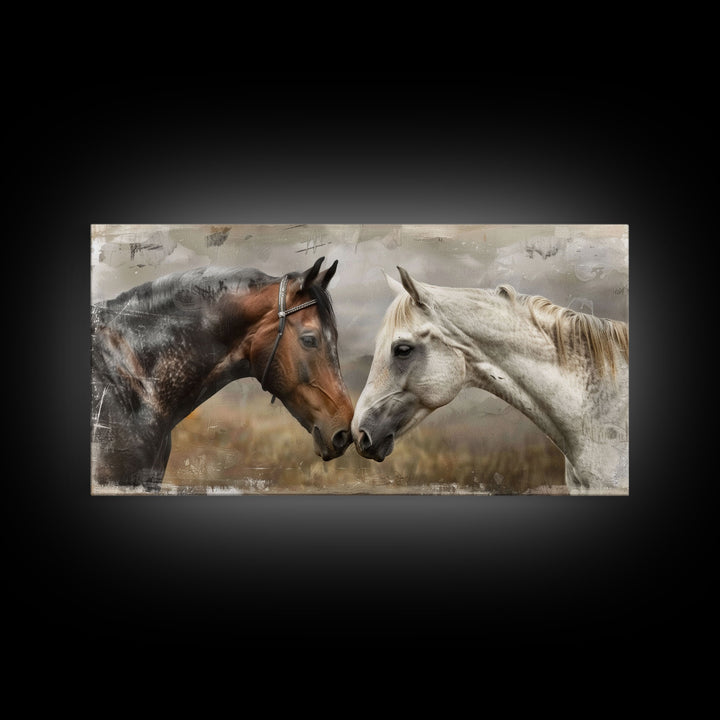 Black and White Horses, Framed Canvas Print for Elegant Living Room Decor, Equine Art for Home and Bedroom Decoration