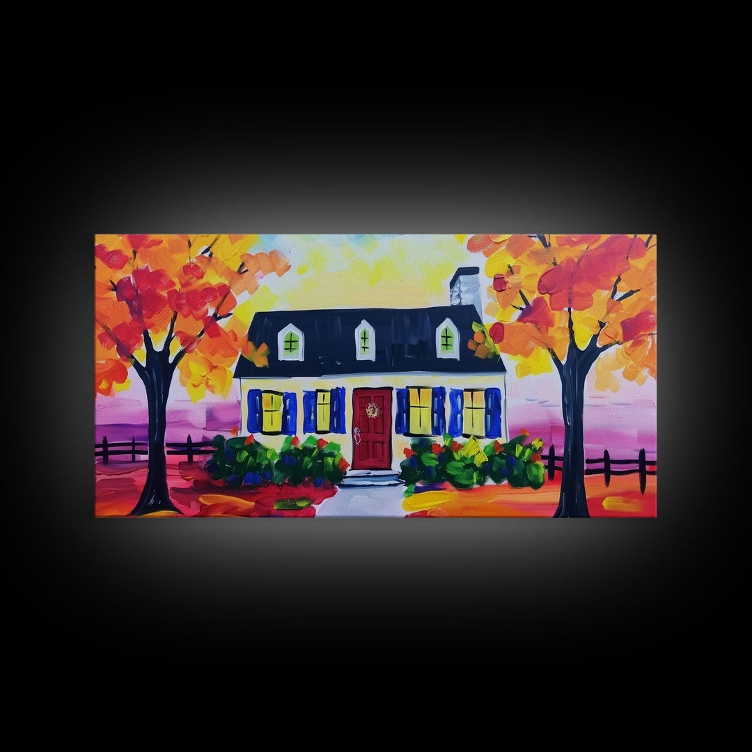 Cozy Cottage in Autumn, Framed Canvas Print, Ideal for Living Room Art, Rustic Home Decor, Charming Bedroom Wall Art