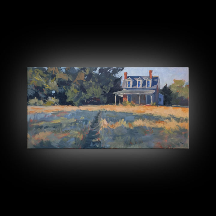 Serene Farmhouse at Dusk, Framed Canvas Print, Great for Living Room Art, Country Home Decor, Relaxing Bedroom Wall Art