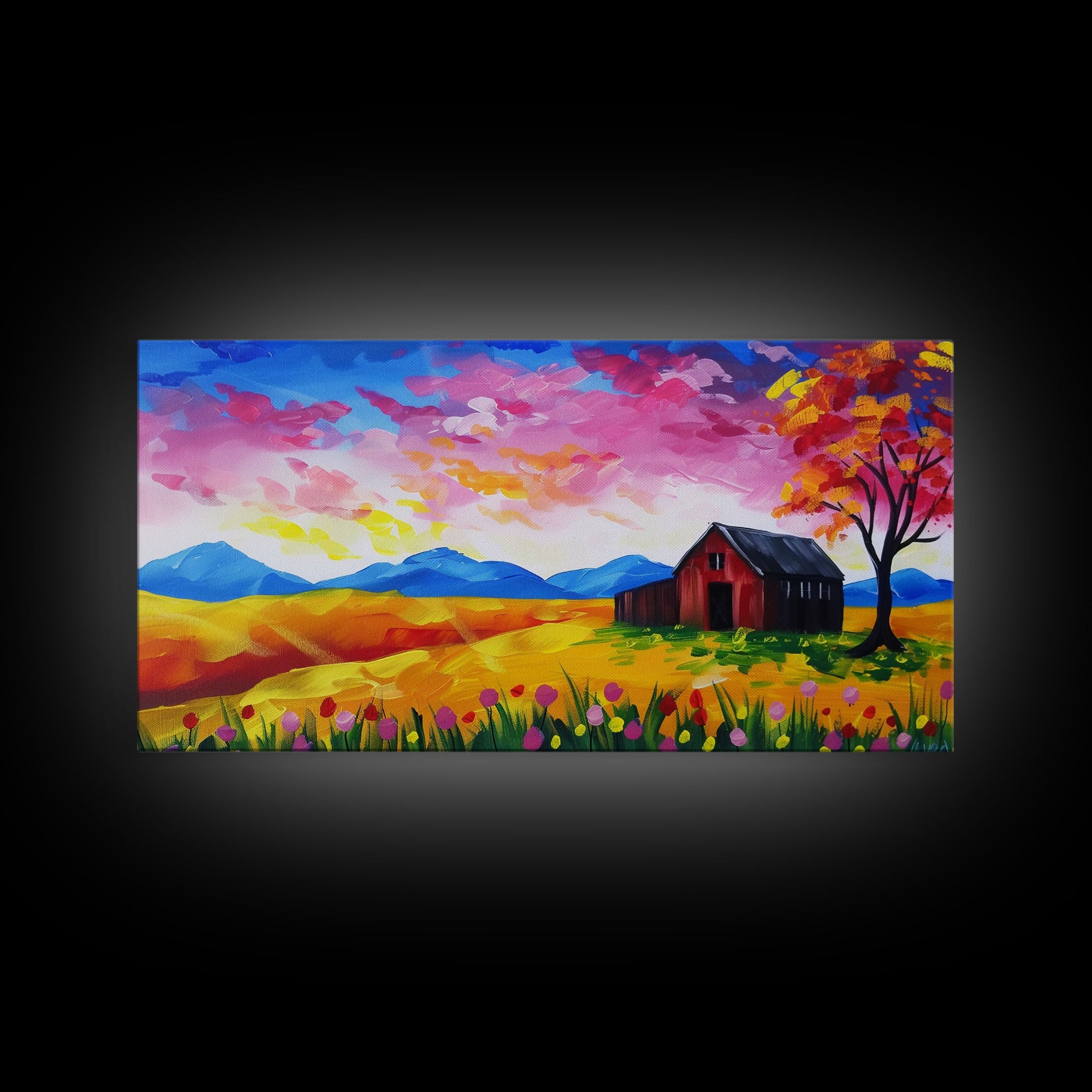 Bright Barn in Floral Field, Framed Canvas Print, Perfect for Living Room Art, Vibrant Home Decor, Colorful Bedroom Wall Art