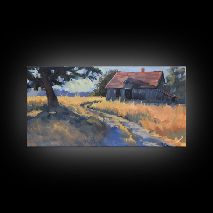 Quaint House on Country Road, Framed Canvas Print, Perfect for Living Room Art, Rustic Home Decor, Serene Bedroom Wall Art