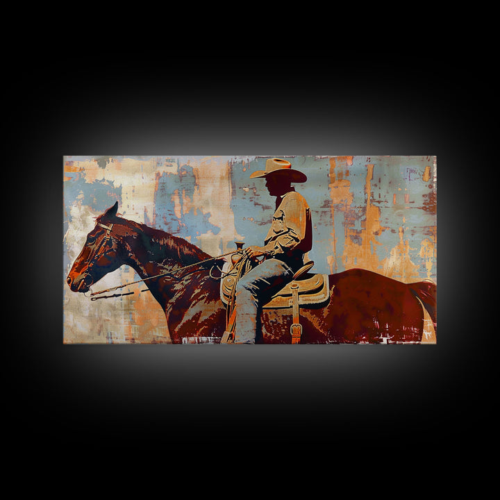 Cowboy on Horseback, Textured Background, Modern Living Room Art, Framed Canvas Print, Rustic Home Decoration, Boho Wall Art