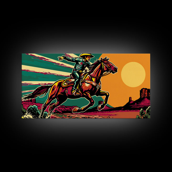 Vintage Cowboy Riding Horse, Western Sunset Wall Art, Framed Canvas Print, Rustic Decor, Cowboy Art, Country Living Room