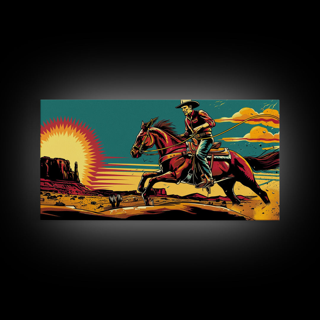 Cowboy Riding Through Desert, Southwestern Landscape Art, Framed Canvas Print, Boho Decor, Desert Art, Rustic Wall Art