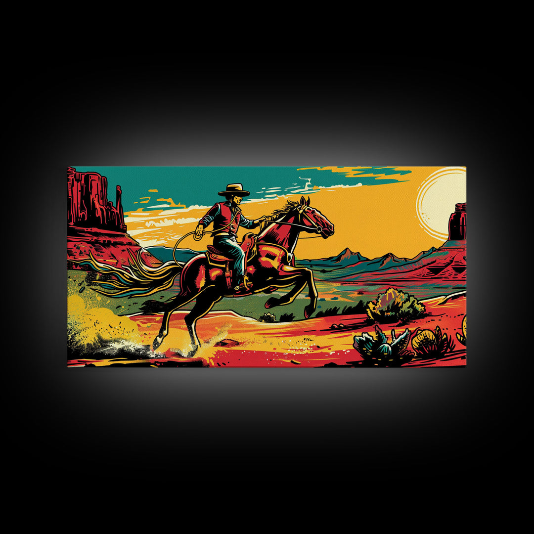 Cowboy Galloping in Desert, Vibrant Sunset Western Art, Framed Canvas Print, Farmhouse Decor, Colorful Wall Art, Cowboy Theme