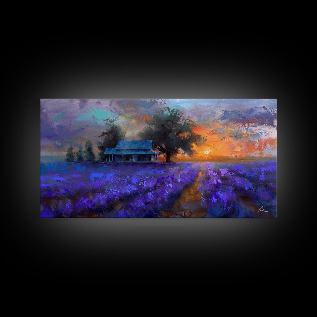 Lavender Field at Dusk, Moody Landscape Art, Framed Canvas Print, Boho Decor, Lavender Art, Rustic Bedroom Decor