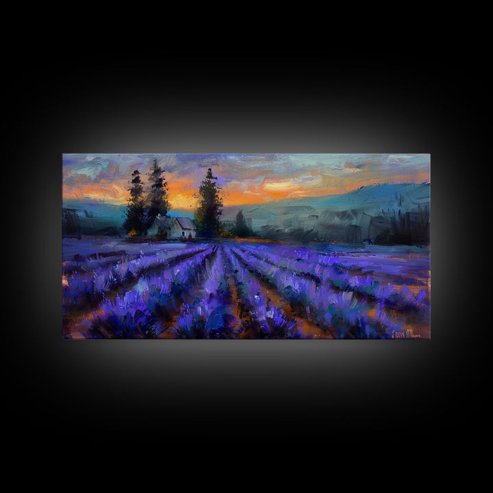 Lavender Field with Cottage, Warm Sunset Colors, Framed Canvas Print, Rustic Decor, Country Wall Art, Farmhouse Vibes