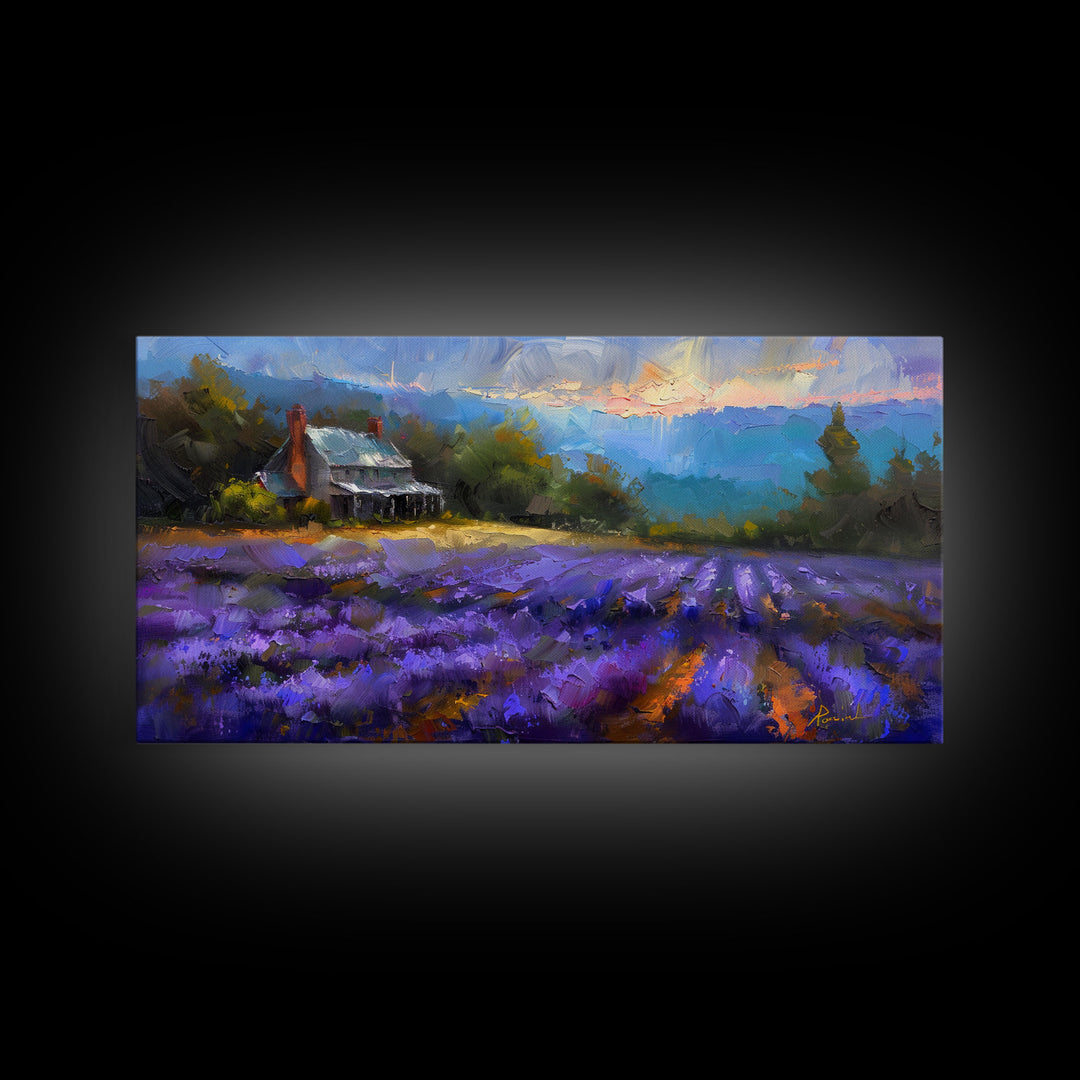 Lavender Field at Twilight, Dreamy Landscape Art, Framed Canvas Print, Boho Bedroom Decor, Purple Art, Rustic Wall Art