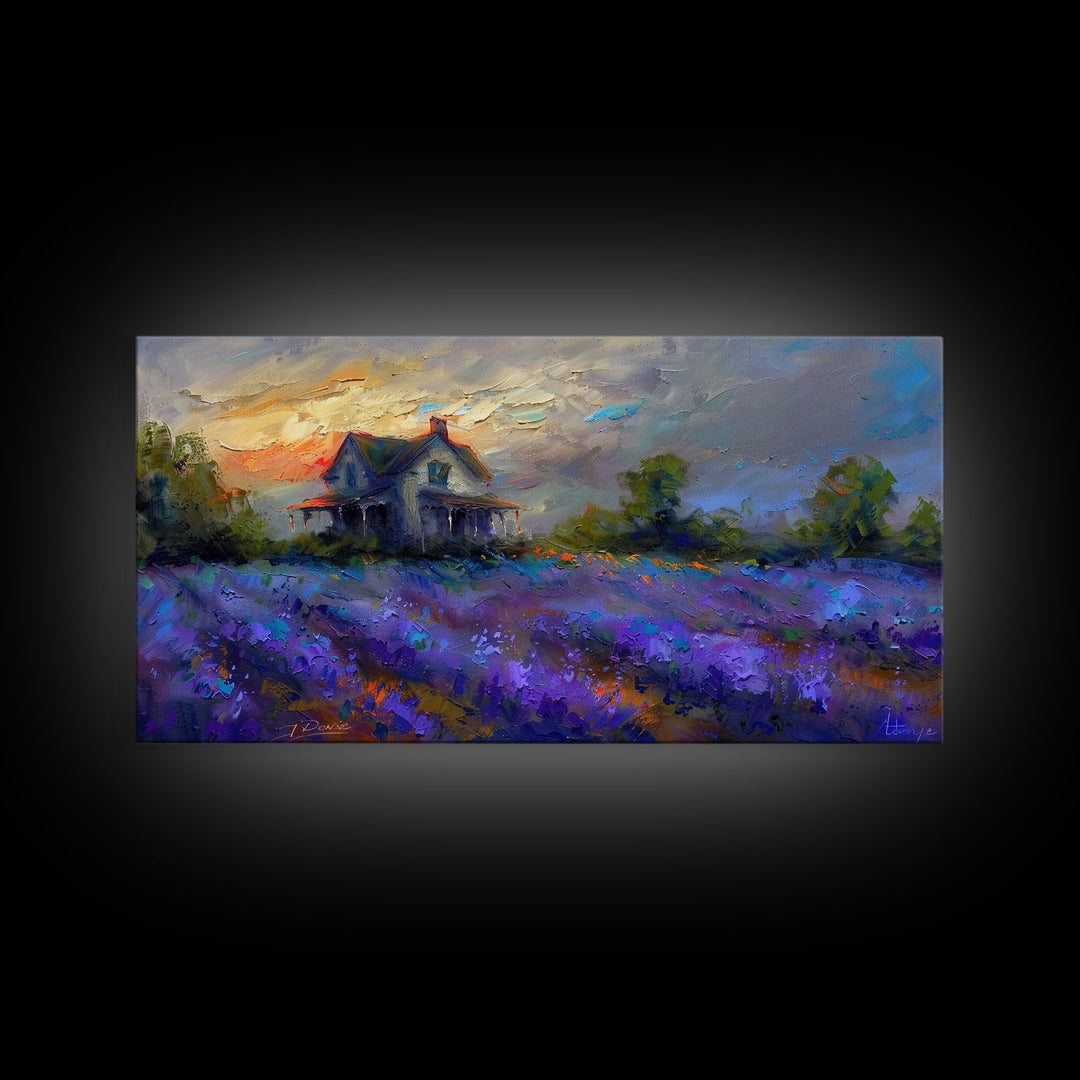 Country Cottage in Lavender Field, Impressionist Style, Framed Canvas Print, Farmhouse Decor, Cozy Art, Rustic Living Room