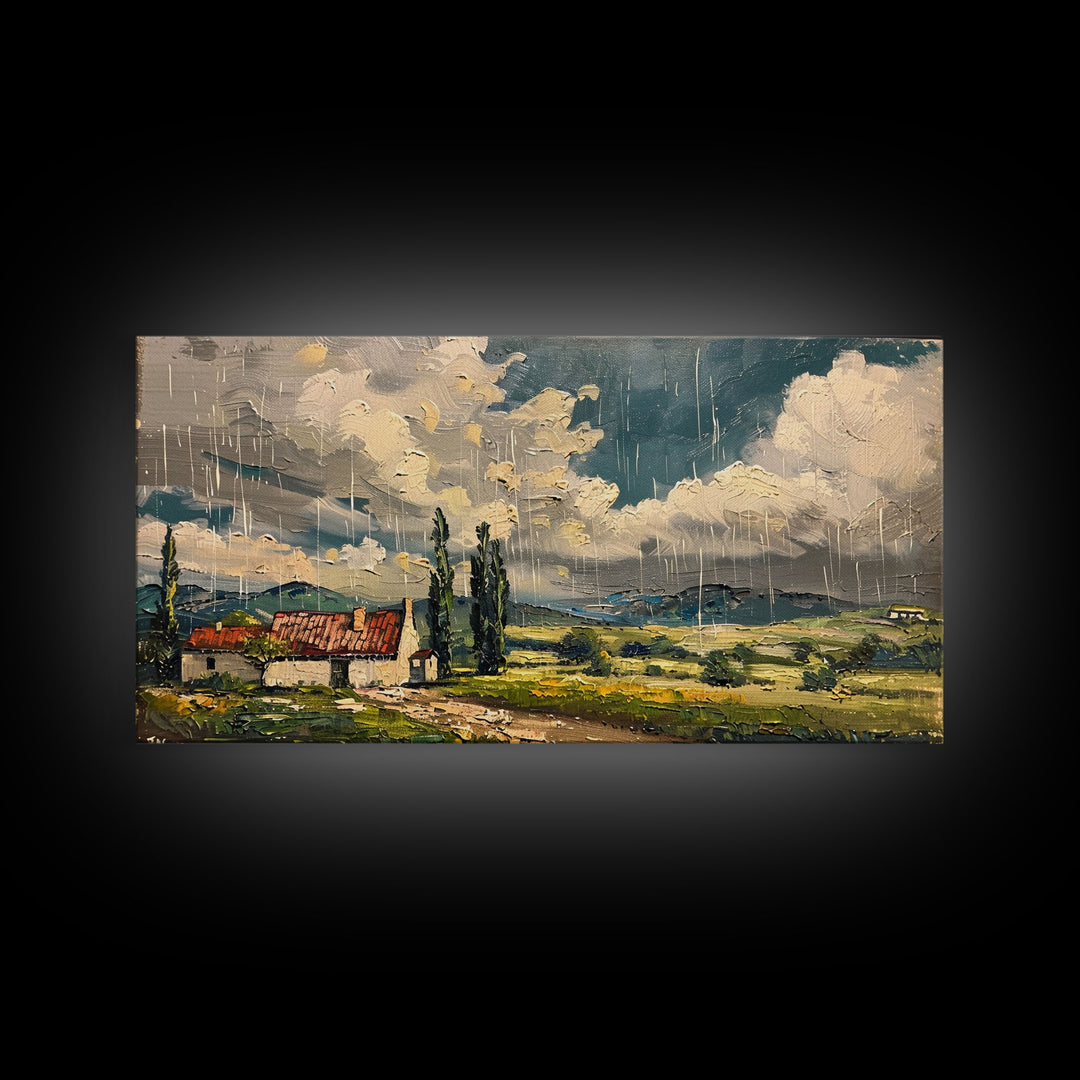 Rainy Day Over Cottage, Textured Landscape Art, Framed Canvas Print, Boho Decor, Farmhouse Style, Moody Wall Art