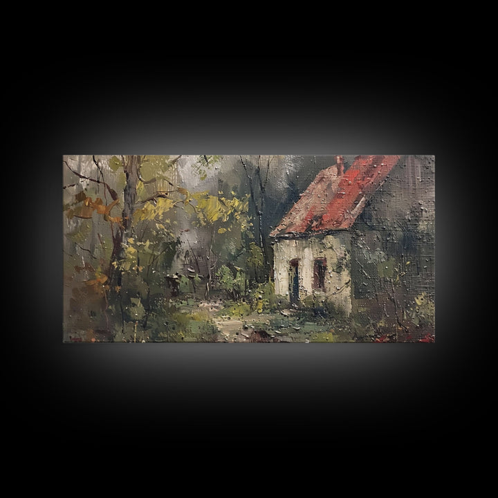 Rustic Cottage in Autumn Forest, Framed Canvas Print, Farmhouse Style, Living Room Art, Bedroom Decor, Nature Wall Art