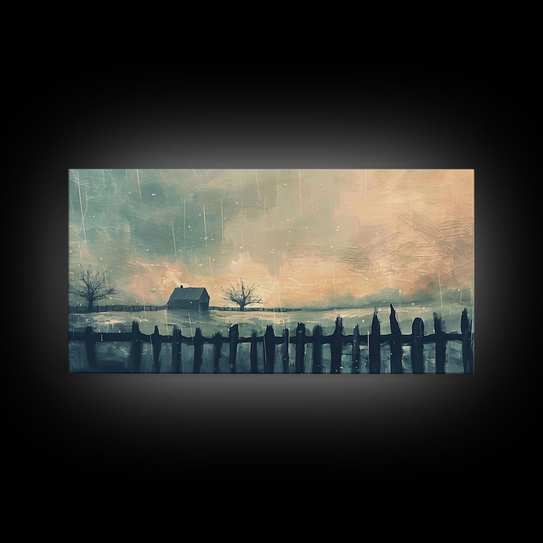 Winter Farmhouse in Snowy Landscape, Framed Canvas Print, Minimalist Wall Art, Living Room Art, Bedroom Decor, Winter Scene