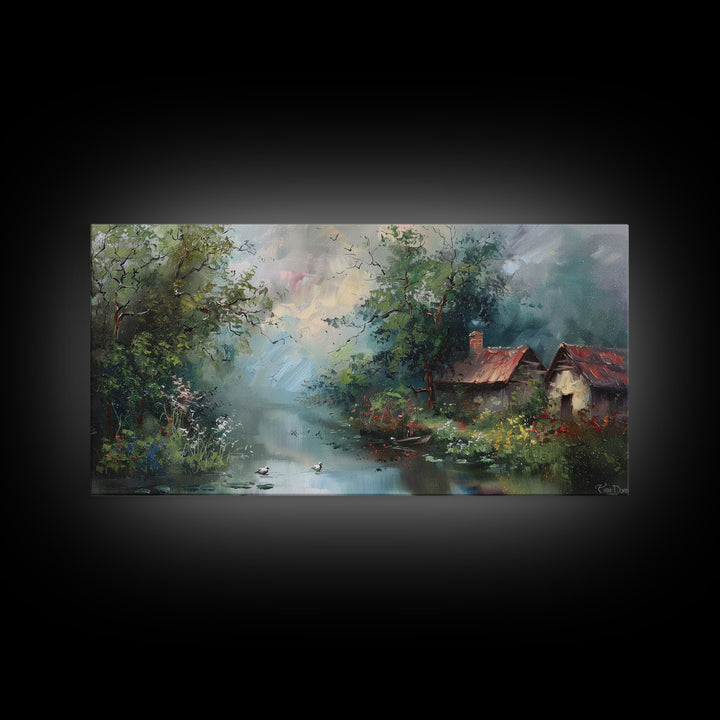 Serene River Cottage with Flowers, Framed Canvas Print, Farmhouse Style, Living Room Decor, Bedroom Art, Nature Scene