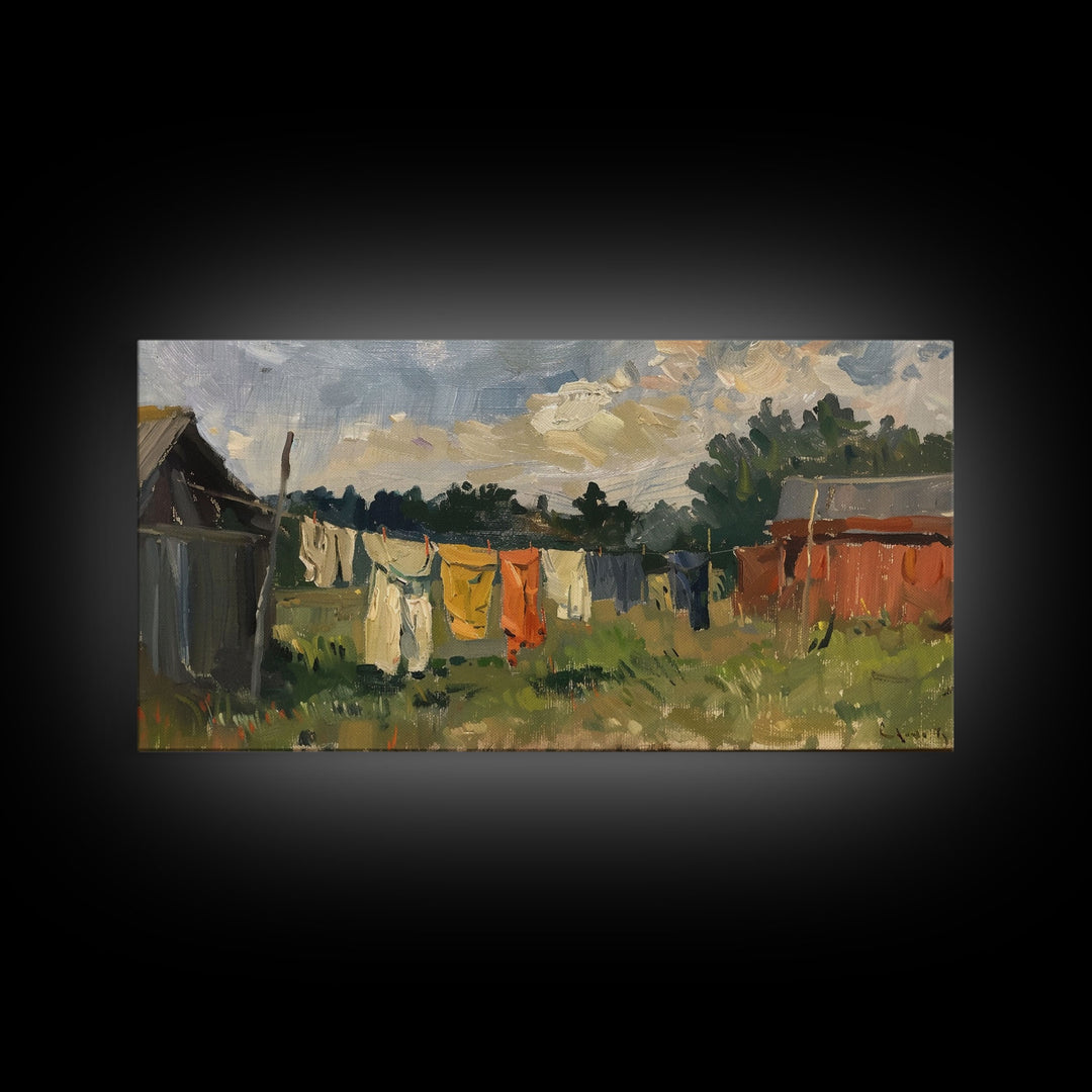 Sunny Day on the Farm with Clothesline, Framed Canvas Print, Rustic Wall Art, Living Room Decor, Farmhouse Style, Country Scene