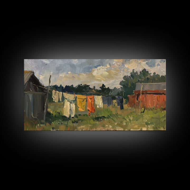 Sunny Day on the Farm with Clothesline, Framed Canvas Print, Rustic Wall Art, Living Room Decor, Farmhouse Style, Country Scene