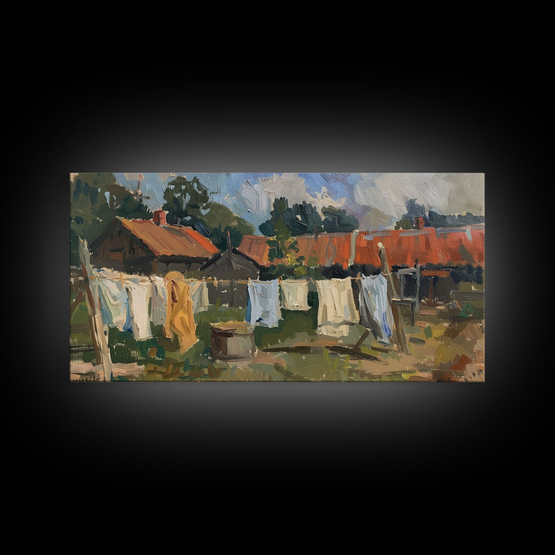 Rustic Homestead with Clothesline, Framed Canvas Print, Farmhouse Style, Living Room Art, Country Decor, Vintage Scene