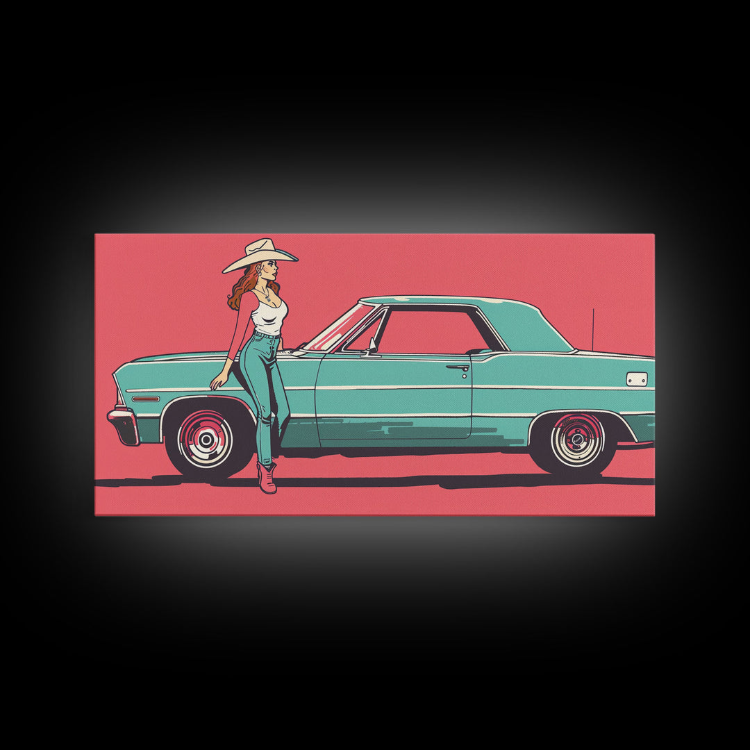 Cowgirl Leaning Against Classic Car in Pop Art Style, Vibrant Framed Canvas Print for Bedroom, Perfect Living Room Wall Art