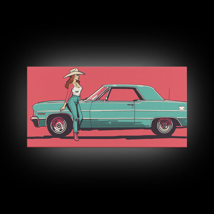 Cowgirl Leaning Against Classic Car in Pop Art Style, Vibrant Framed Canvas Print for Bedroom, Perfect Living Room Wall Art