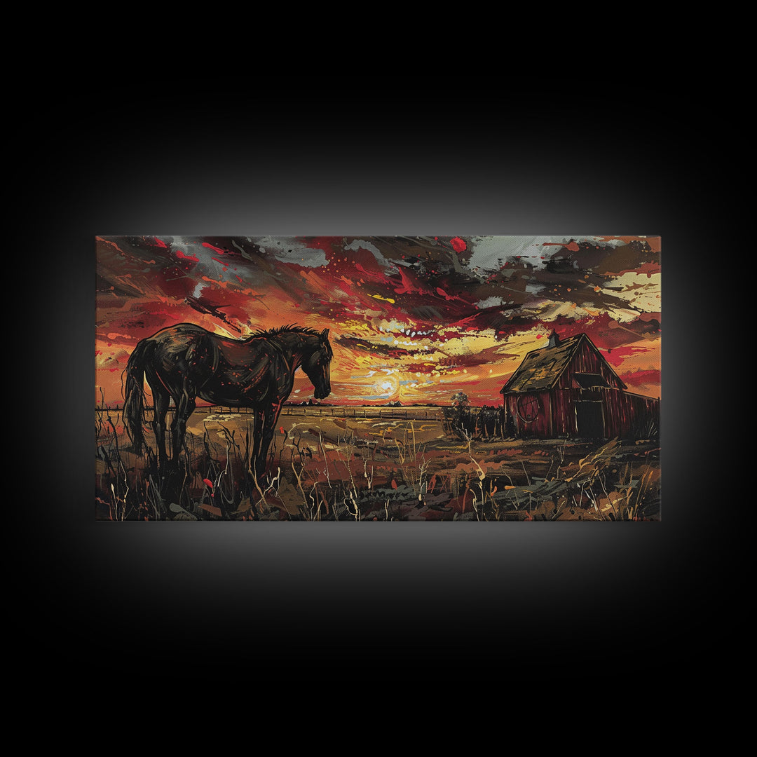 Dark Horse at Sunset with Barn, Stunning Abstract Art, Framed Canvas Print, Boho Wall Art, Bedroom Decor, Unique Home Decoration