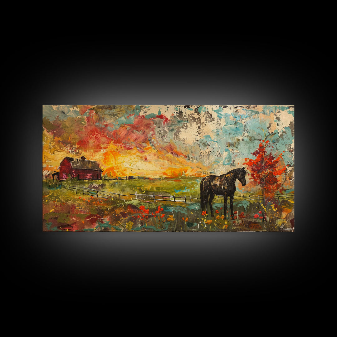 Horse and Red Barn in Colorful Field, Beautiful Farmhouse Art, Framed Canvas Print, Rustic Living Room Decor, Vibrant Wall Art