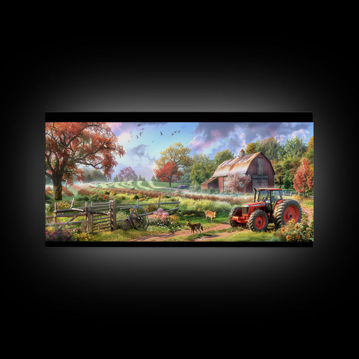 Tranquil Farm Scene with Red Barn and Tractor, Idyllic Rural Art, Framed Canvas Print, Country Wall Decor, Living Room Decoration