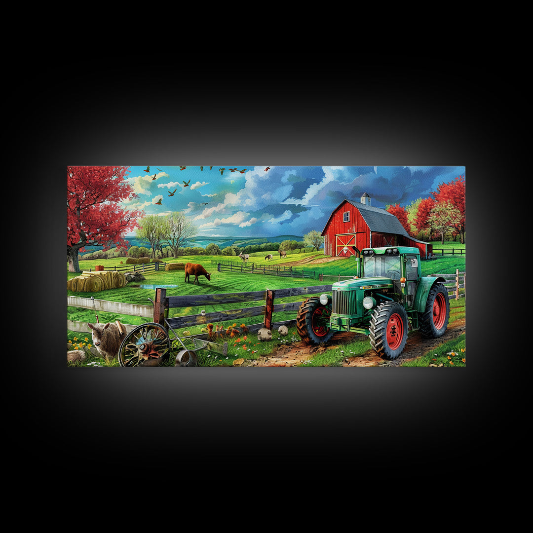 Green Tractor and Red Barn in Lush Fields, Perfect Farmhouse Art, Framed Canvas Print, Rural Wall Decor, Living Room Decoration