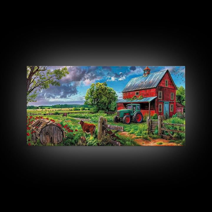 Rustic Barn with Green Tractor in Field, Stunning Country Art, Framed Canvas Print, Farmhouse Wall Decor, Living Room Decoration