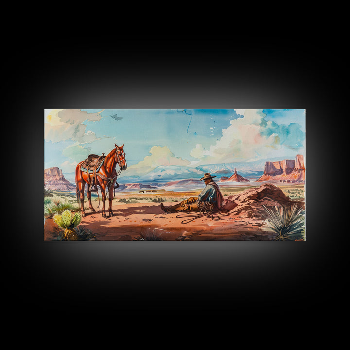 Cowboy Resting with Horse in Desert Landscape, Classic Western Art, Framed Canvas Print, Rustic Wall Decor, Living Room Decoration