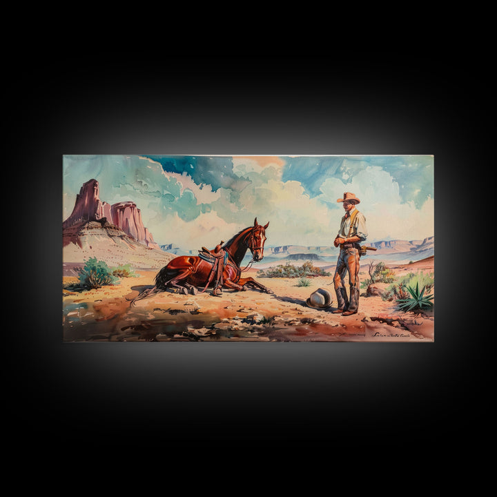 Cowboy and Horse in Desert Landscape, Rustic Farmhouse Art, Framed Canvas Print, Western Decor, Living Room Wall Art, Country Style