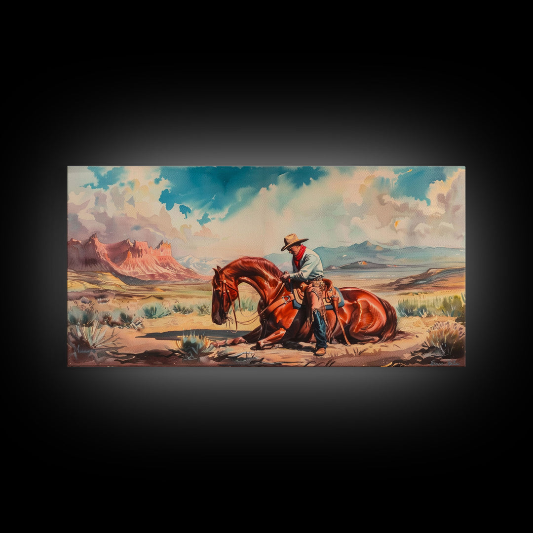 Cowboy Comforting Horse in Open Plains, Farmhouse Western Decor, Framed Canvas Print, Country Living Art, Rustic Wall Art for Home