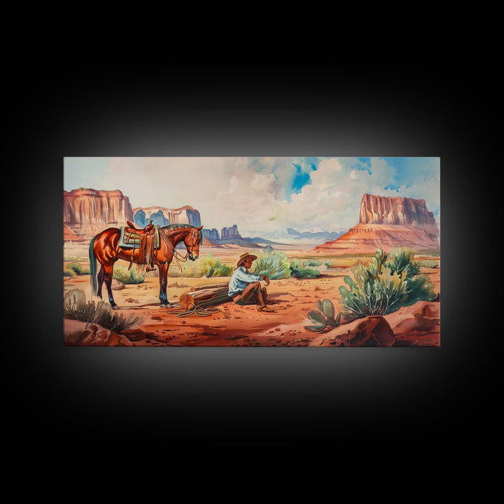Cowboy Resting by Horse in Desert Scene, Rustic Farmhouse Art, Framed Canvas Print, Western Decor, Living Room Wall Art, Country Style