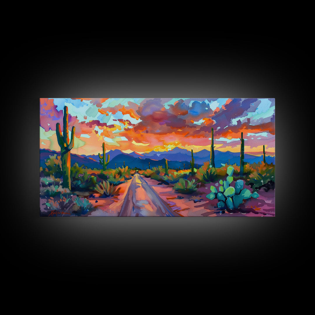 Cacti and Mountains Under Sunset Sky, Vibrant Southwestern Landscape Art, Framed Canvas Print, Boho Living Room Decor, Desert Scene