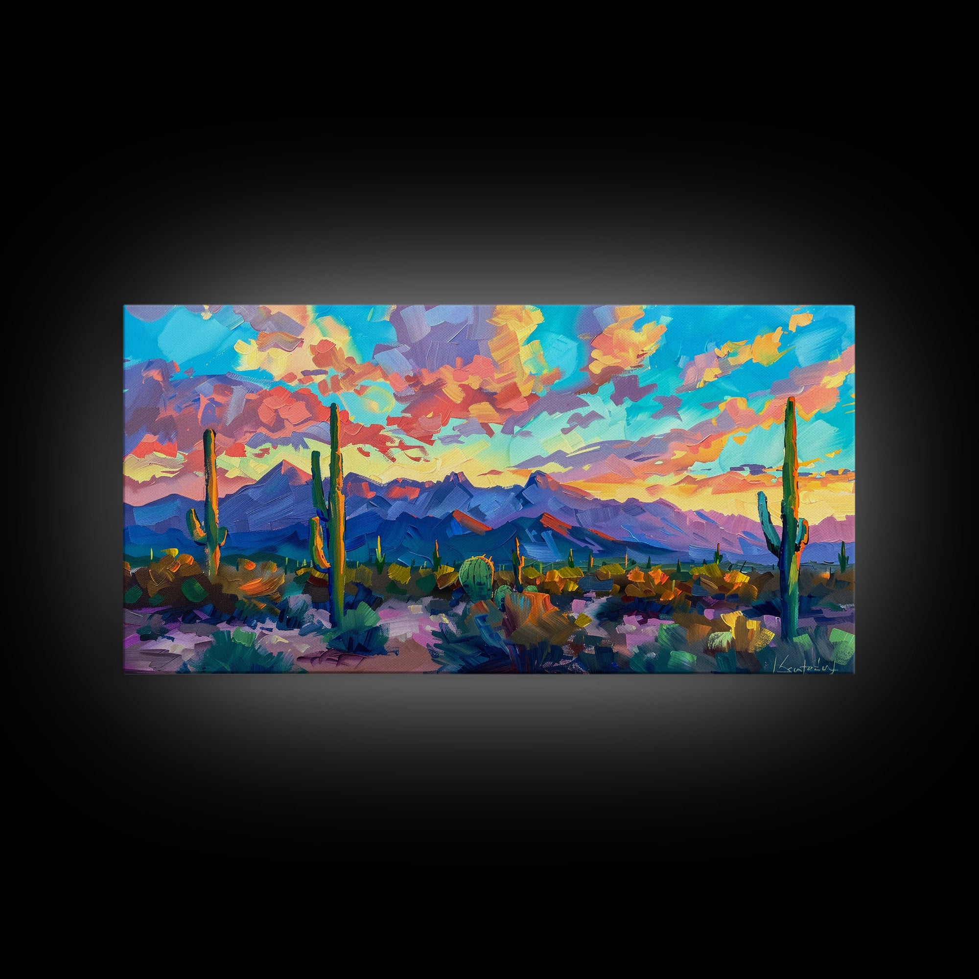 Expansive Desert Landscape at Sunset, Colorful Southwestern Art, Framed Canvas Print, Boho Living Room Wall Decor, Desert Scene