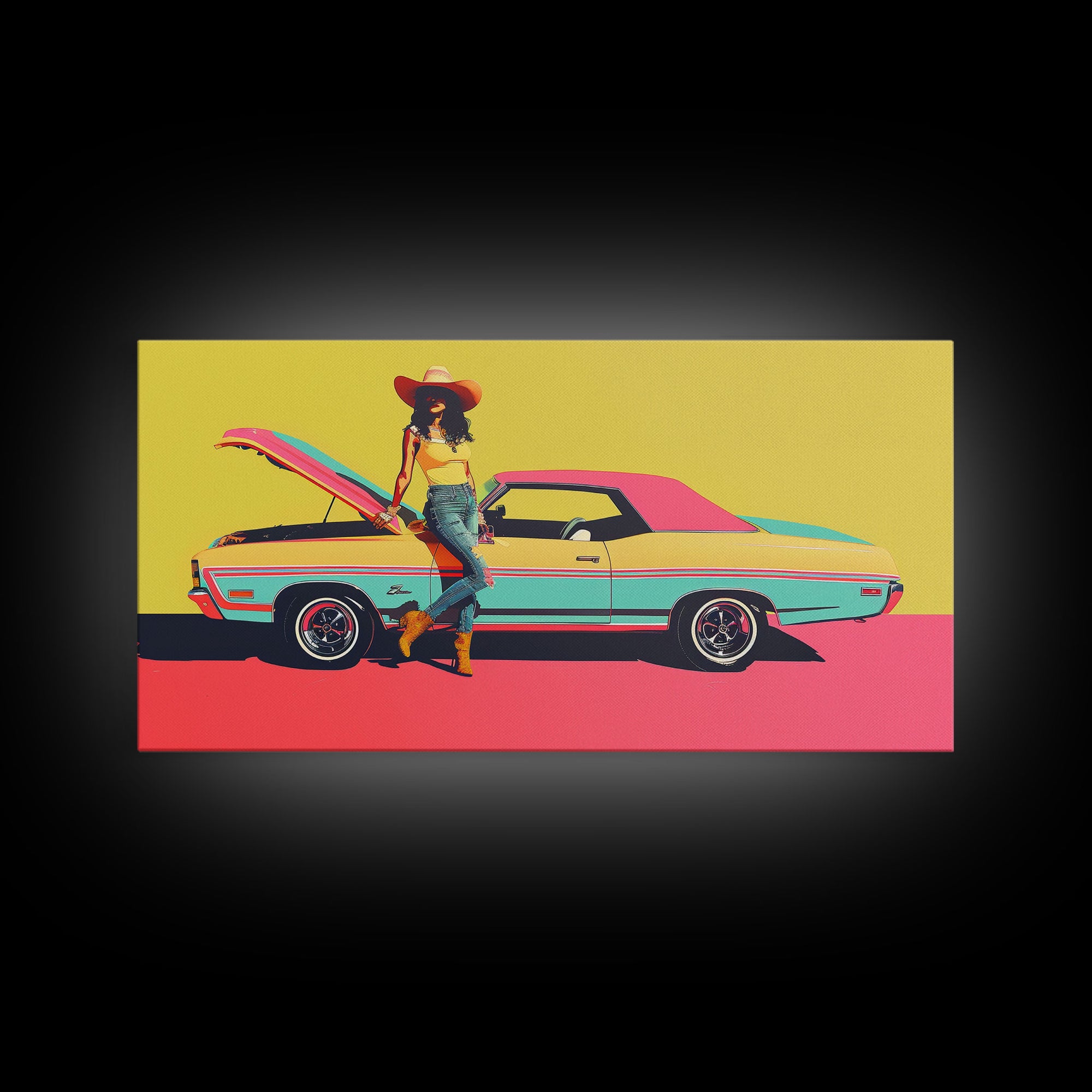 Colorful Pop Art Cowgirl with Classic Car, Framed Canvas Print for Living Room, Bright Bedroom Wall Art, Unique Home Decor