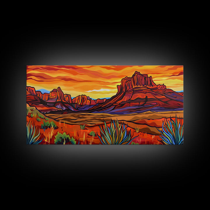 Colorful Desert Sunset with Saguaro Cacti, Framed Canvas Print for Living Room Art, Ideal for Southwestern and Boho Decor