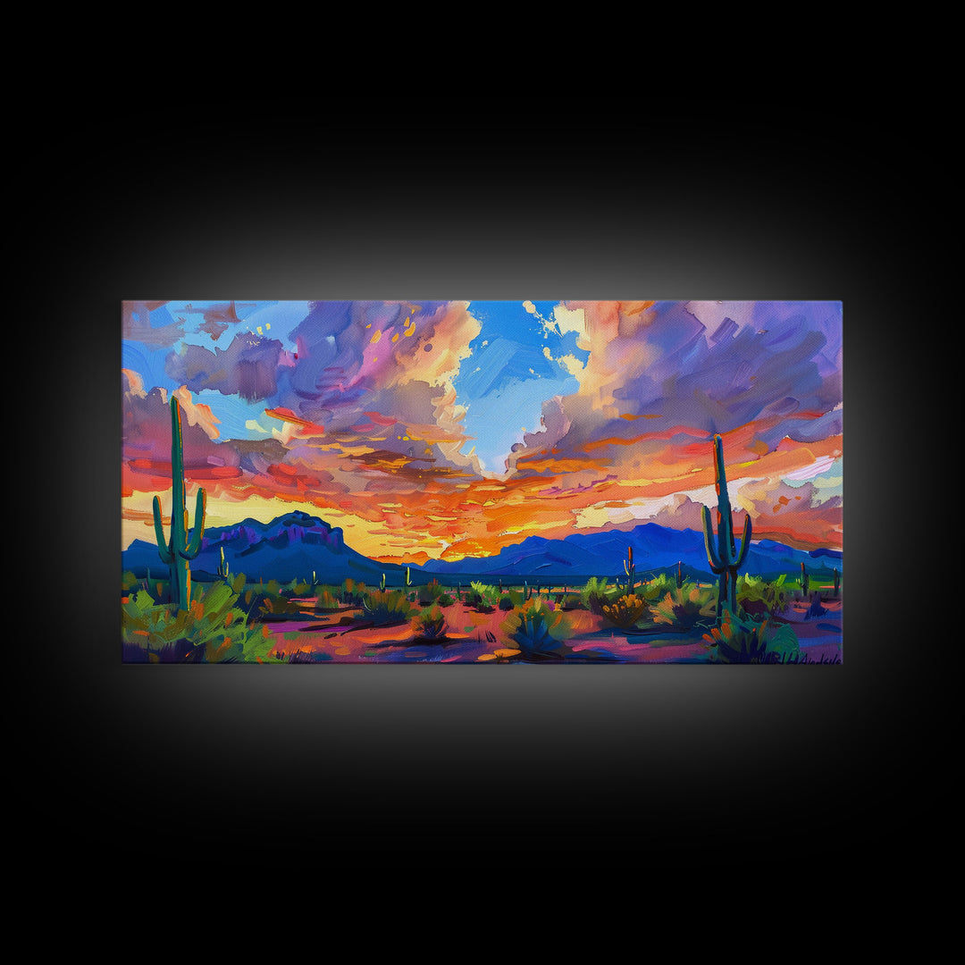 Stunning Desert Sunset with Cacti Silhouettes, Framed Canvas Print for Bedroom Art, Great for Boho and Southwestern Decor