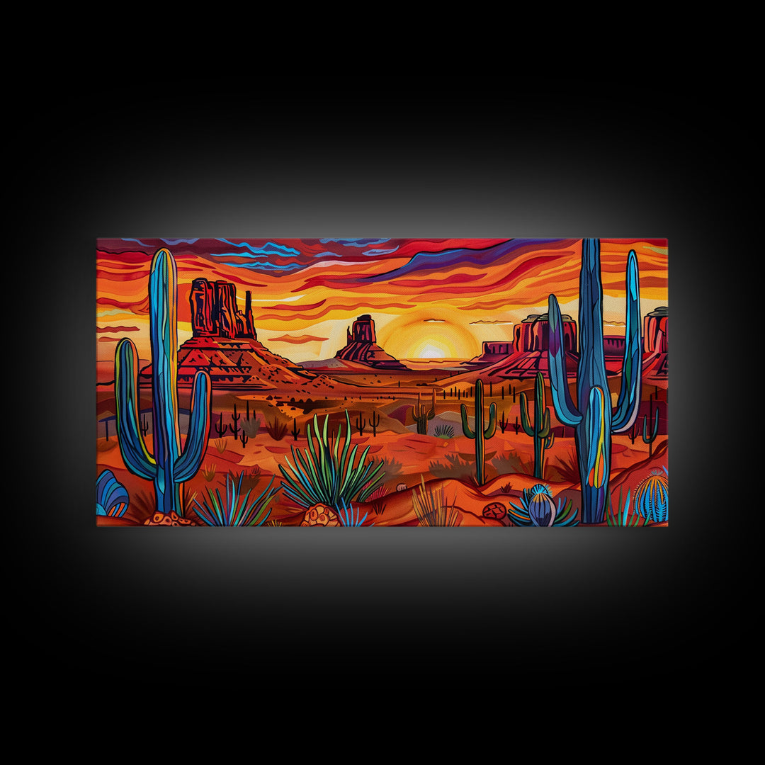 Colorful Desert Evening with Cacti and Mountains, Framed Canvas Print for Bedroom Art, Great for Boho and Southwestern Decor