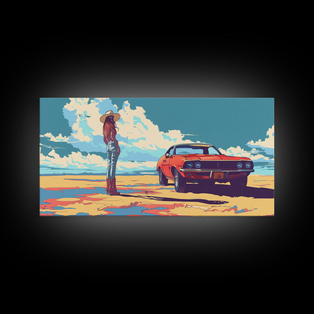 Stylized Cowgirl with Red Car in Vast Desert, Framed Canvas Print for Bedroom, Ideal Living Room Art, Retro Wall Decor
