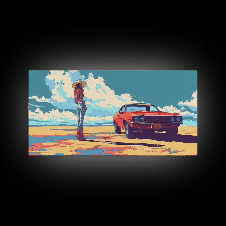 Stylized Cowgirl with Red Car in Vast Desert, Framed Canvas Print for Bedroom, Ideal Living Room Art, Retro Wall Decor