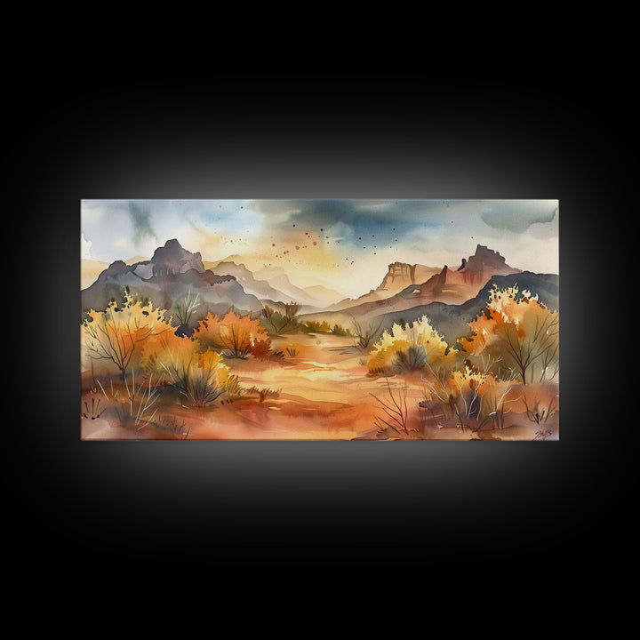 Serene Desert Landscape with Mountains and Sunlit Sky, Perfect Framed Canvas Print for Living Room, Boho Wall Art, Nature Decor