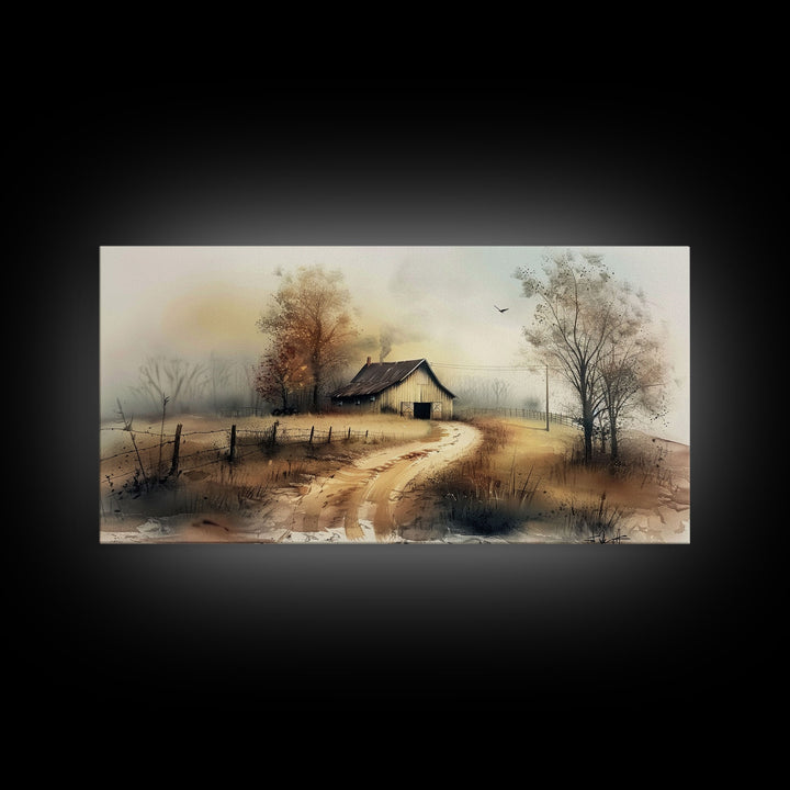 Misty Morning Farmhouse with Winding Path, Beautiful Framed Canvas Print for Bedroom, Boho Wall Art, Countryside Decor